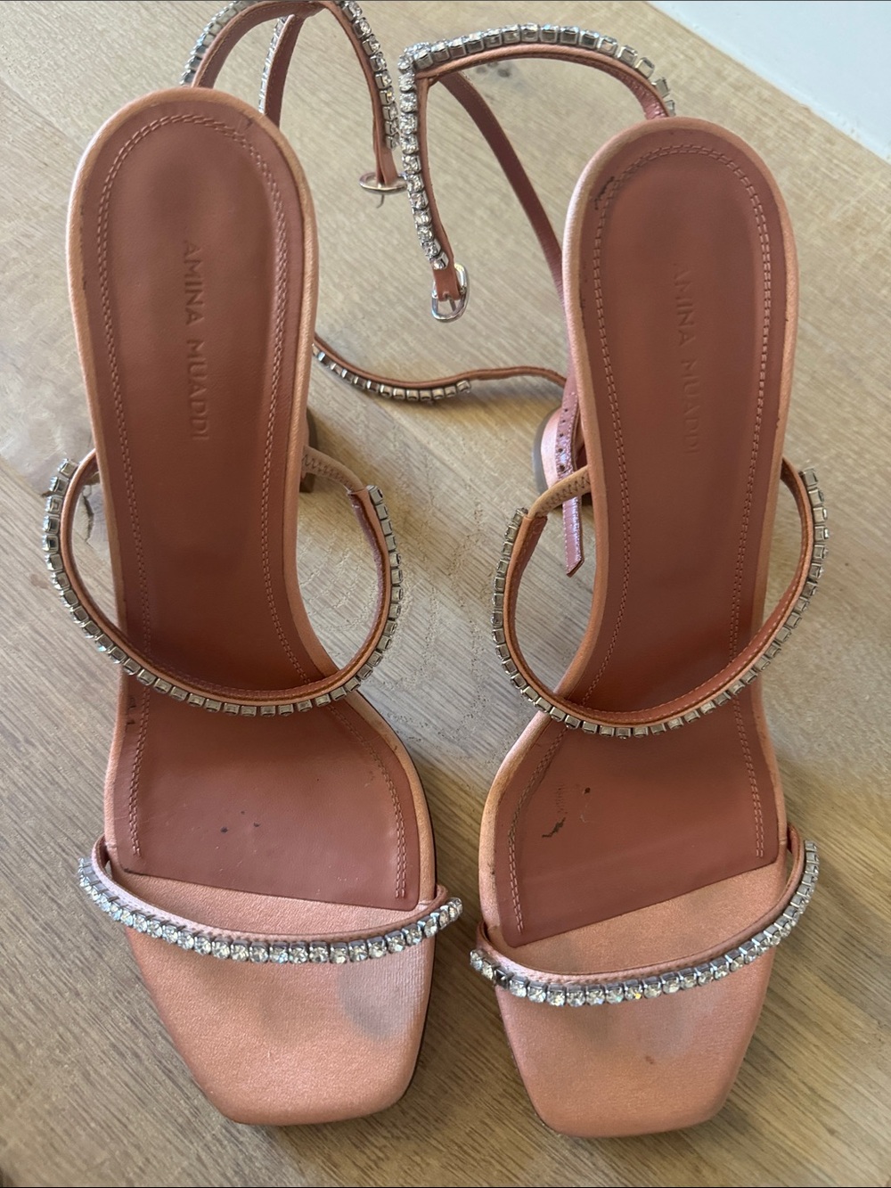 Amina Muaddi Blush Crystal-Embellished Strappy Heels